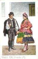 3 db régi folklór motívumlap, népviseletek: lengyel, tót, magyar / 3 pre-1945 folklore motive cards,...