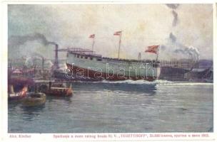 2 db régi művészi gőzhajó motívumlap: Tegetthoff, Nippon / 2 pre-1945 steamship motive art postcards with Alex Kircher signatures