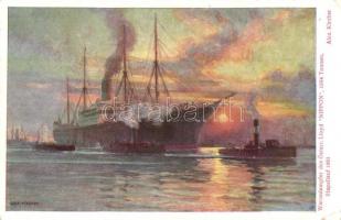 2 db régi művészi gőzhajó motívumlap: Tegetthoff, Nippon / 2 pre-1945 steamship motive art postcards...