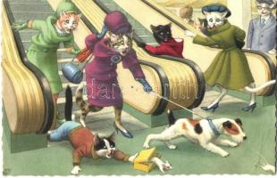 Cat ladies in the mall walking the dog, escalator. Alfred Mainzer ALMA No. 4893. (EB)
