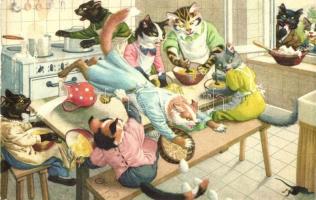 Cats making a mess in the kitchen while baking. Alfred Mainzer ALMA No. 4676. Max Künzli (gluemark)