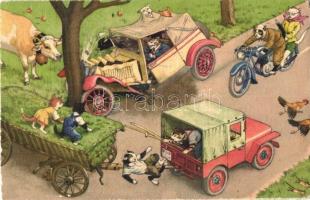 Cats in the automobile crash with tree, truck trailer, motorbike, cow. Alfred Mainzer ALMA No. 4749. Max Künzli (gluemark)