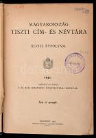 1941 Magyarország tiszti cím- és névtára. XLVIII. évf. Szerk.: Magyar Királyi Központi Statisztikai Hivatal. Bp., Magyar Királyi Állami Nyomda. Kiadói egészvászon-kötés, kopott, foltos borítóval, a végén két kijáró lappal, intézményi bélyegzővel.