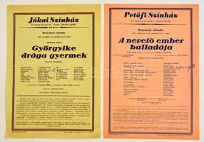 1957 A Petőfi és a Jókai Színház két előadásának kisplakátja, Dayka Margit (1907-1986) és Gordon Zsuzsa (1929-2015) színésznők aláírásaival, 2 db, 29,5x20,5 cm