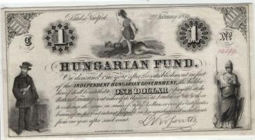 Emigrációs "Kossuth bankó" 1852. 1$ "D" piros számozás (2x) egymásutáni kézzel í...