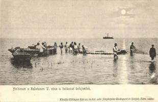 Balatoni élet, Halászat a Balatonon V. A halászat befejezése, halászok hálóval, gőzhajó. Ellinger Ede kiadása