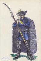 Katonai egyenruhák 9 db jezett akvarell a magyar katonaság történetéről. Különböző alakulatok és feg...