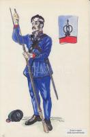 Katonai egyenruhák 9 db jezett akvarell a magyar katonaság történetéről. Különböző alakulatok és feg...