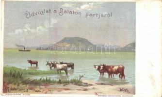 Balaton, Szarvasmarhák a parton, gőzhajó. Werbőczy Könyvnyomda kiadása litho s: Telegdy (szakadás / tear)