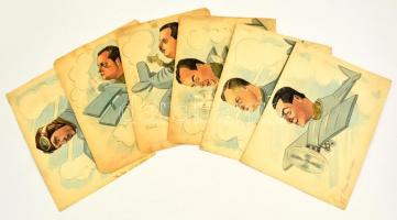 cca 1935 Szép Lajos (1886-?) grafikus, karikaturista 6 db karikatúrája magyar pilótákról, köztük gróf Blankenstein Pál, Várhidy. Akvarell-tus, jelzett, néhány foltos, kis szakadások, 21,5x30 cm