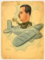 cca 1935 Szép Lajos (1886-?) grafikus, karikaturista 6 db karikatúrája magyar pilótákról, köztük gró...