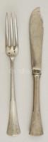 Ezüst halvilla és kés, jelzett, mesterjeggyel (KJ), h:16,5 és 17 cm, nettó:79 g