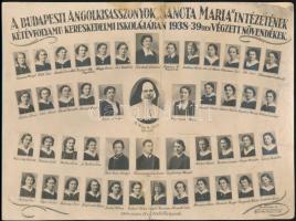 1938/1939 A Budapesti Angolkisasszonyok Sancta Maria Intézetének kétévfolyamú kereskedelmi iskolájában végzett növendékek, tablófotó, hajtott, 16,5x22 cm