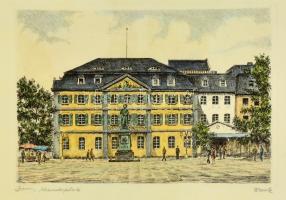 Olvashatatlan jelzéssel: Bonn Münsterplatz. Színezett rézkarc, papír, jelzett, üvegezett keretben, 14×20 cm