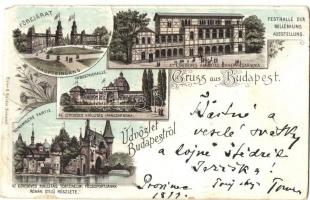 1897 (Vorläufer!) Budapest XIV. Az Ezredéves Kiállítás Ünnepi Csarnoka, Főbejárat, Iparcsarnok, Történelmi Főcsoport román stílusú részlete, Vajdahunyad vára. Eisler G. floral Art Nouveau litho (b)