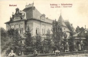 Budapest XII. Svábhegy, Nagy szálloda, gyógyszertár, síneken ülő gyerekek. Hegedűs Dezső kiadása