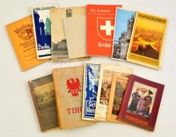 cca 1900-1960 Vegyes utazással kapcsolatos nyomtatványok, útikönyvek, 13 db, részben Svájcra, részben Ausztriára vonatkozóak, egy magyar, a többi német nyelven, változó állapotban.