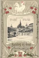 Budapest I. Mátyás templom az új bástyával, Halászbástya. Újévi üdvözlőlap, Art Nouveau keret kakassal