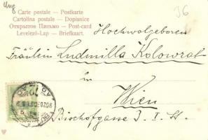 Budapest I. Mátyás templom az új bástyával, Halászbástya. Újévi üdvözlőlap, Art Nouveau keret kakass...