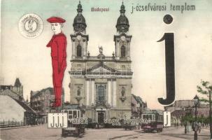 Budapest VIII. Józsefvárosi templom, villamosok. Gabel System ABC montázsa, hátoldalon a J betű leírása (EK)