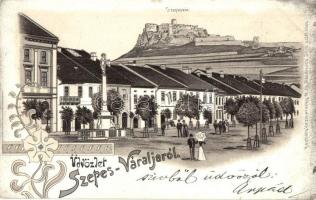 Szepesváralja, Spisské Podhradie; Fő tér, háttérben a vár. Kézmarssky M. és Handlovics Imre kiadása / main square, castle in the background. floral Art Nouveau litho (EK)