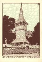 Ördöngösfüzes, Fizesu Gherlii; Harangláb. művészlap / wooden bell tower art postcard