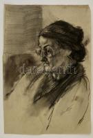 Kmetty jelzéssel: Szemüveges női portré. Szén, papír, 47×31 cm