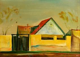 Póka György (1944-): Falusi ház. Olaj, farost, jelzett, 48x70 cm