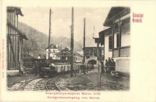 Brád, Aranybánya-bejárat Bárza (Gurabárza) felől, iparvasút, bányászok. Ábrahám István kiadása / gold mine entrance from Barza (Gura-Barza), industrial railway, mine workers