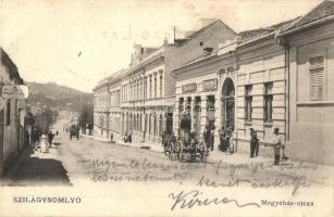 Szilágysomlyó, Simleu Silvanie; Megyeház utca, P. Szabó Béla, Lázár Gyula üzletei, szekér. Heimlich K. kiadása / street view, shops, cart (EK)