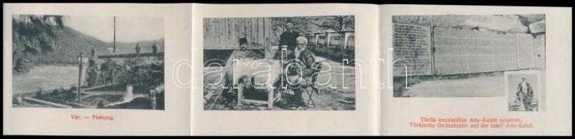 Ada Kaleh, Törökök csoportképe zászlókkal. leporellólap benne: vár, pipázó törökök, bazárok, mecset,...