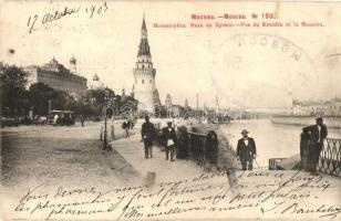 Moscow, Moskau, Moscou; Vue du Kremlin et la Moscova / Kremlin, Moskva river, horse-drawn tram. Phototypie Scherer, Nabholz & Co. (ázott sarok / wet corner)