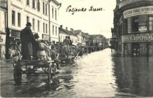 Moscow, Moskau, Moscou; Bolshaya Polyanka street view in 1908, when the Moskva river flooded the city, shops, people stacked on carts (EK)
