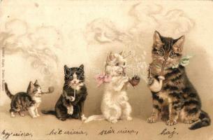 1899 Pipe smoking cats. Schmidt Edgar litho (apró lyuk / tiny hole)