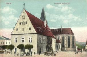 Bártfa, Bardejov, Bardiov; Városháza (magyar címer a falán), templom / town hall (Hungarian coat of arms on its wall), church