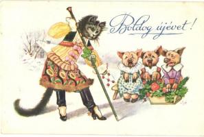 Boldog Újévet! / New Year greeting card, dressed cat and pigs (EK)