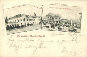 1900 Szolnok, Pályaudvar, Vasútállomás, Kossuth Lajos tér, Steiner Jakab Fiai üzlete, piac. Szigeti H. kiadása (EK)