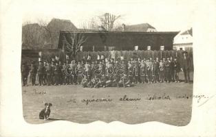 1910 Apáca, Apata; az állami elemi iskola "hadserege", kutya / school group photo with dog