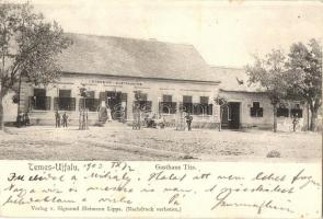 Temesújfalu, Temesvár-Újfalu, Neudorf; Gasthaus Titz / Titz vendéglő, étterem, üzlet, kerékpár. Sigmund Heimann kiadása / guest house, inn, restaurant, shop, bicycle (EK)