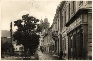 Rozsnyó, Roznava; Fő tér, Szepességi Bank Rt. / Masarikova Namestie, Spisska Banka / main square, bank + 1938 Rozsnyó visszatért So. Stpl.