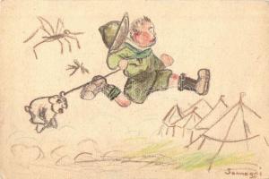 Cserkész kutyával menekül a szúnyog elől. Kézzel készített és rajzolt cserkész művészlap / Hungarian handmade, hand-drawn scout boy art postcard, dog, mosquito s: Somogyi
