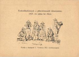 1927 Krokodiluskönnyek a pilisvörösmaróti táborozáskor, síró cserkészek. Kiadja a budapesti 7. Verbőczy RG. cserkészcsapata / Hungarian boy scout art postcard, crying scout boys (EK)