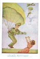 4 db humoros katonai repülős művészlap, Bernáth és Klaudinyi aláírásaival, ejtőernyő, pilóták / 4 Hu...