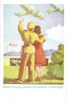 4 db humoros katonai repülős művészlap, Bernáth és Klaudinyi aláírásaival, ejtőernyő, pilóták / 4 Hu...