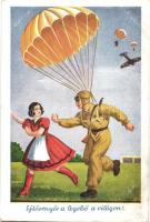 4 db humoros katonai repülős művészlap, Bernáth és Klaudinyi aláírásaival, ejtőernyő, pilóták / 4 Hu...