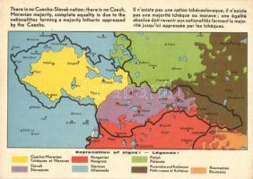 Nincs csehszlovák nemzet, nincs csehszlovák többség, teljes egyenjogúság illeti a csehek által eddig elnyomott többséget alkotó nemzetiségeket. A Magyar Nemzeti Szövetség kiadása / Anti-Czechoslovakian propaganda, irredenta map (EK)