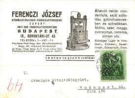 1938 Ferenczi József gyümölcslé-sajtoló (Fruchtsaftpresserei) reklámlapja, hátoldalon a pecsétje. Budapest IX. Soroksári út 43. / Hungarian fruit juice extractor advertisement card