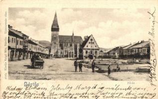 Bártfa, Bardejov, Bardiov; Fő tér, építkezés, üzletek, templom. Salgó Mór kiadása / main square, construction, shops, church