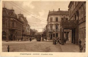 Sopron, Erzsébet utca, villamos, Újhelyi ház. Hagenauer György kiadása (Rb)