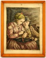 Glatz Oszkár(1872-1958)-Prihoda István (1891-1956): Betűvetés, színezett rézkarc, papír, jelzett, üvegezett fa keretben, kis szakadással, 34,5×25,5 cm